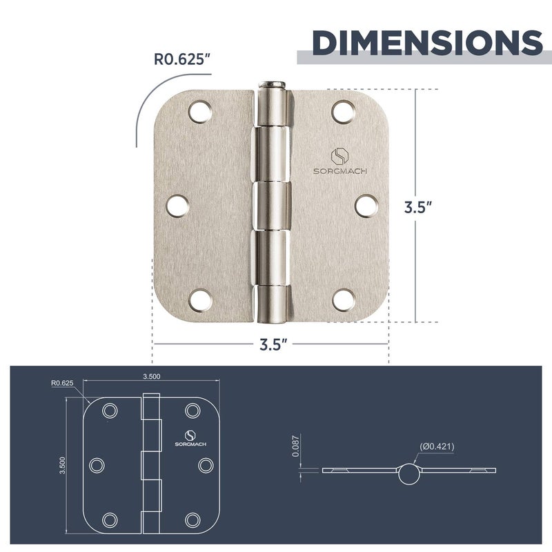 SORGMACH Door Hinges Satin Nickel 3.5 Inch Interior Hinges 5/8" Radius - 12 Pack - Image 5